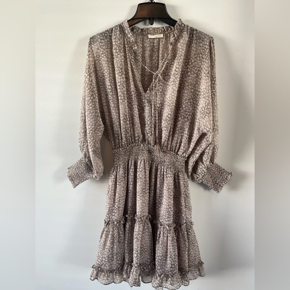 Love Stitch Mini Dress Women Tan White long Sleeves Sz S